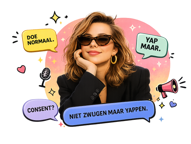 Kleurige collage met tekstballonnen, video-frame en hartjes